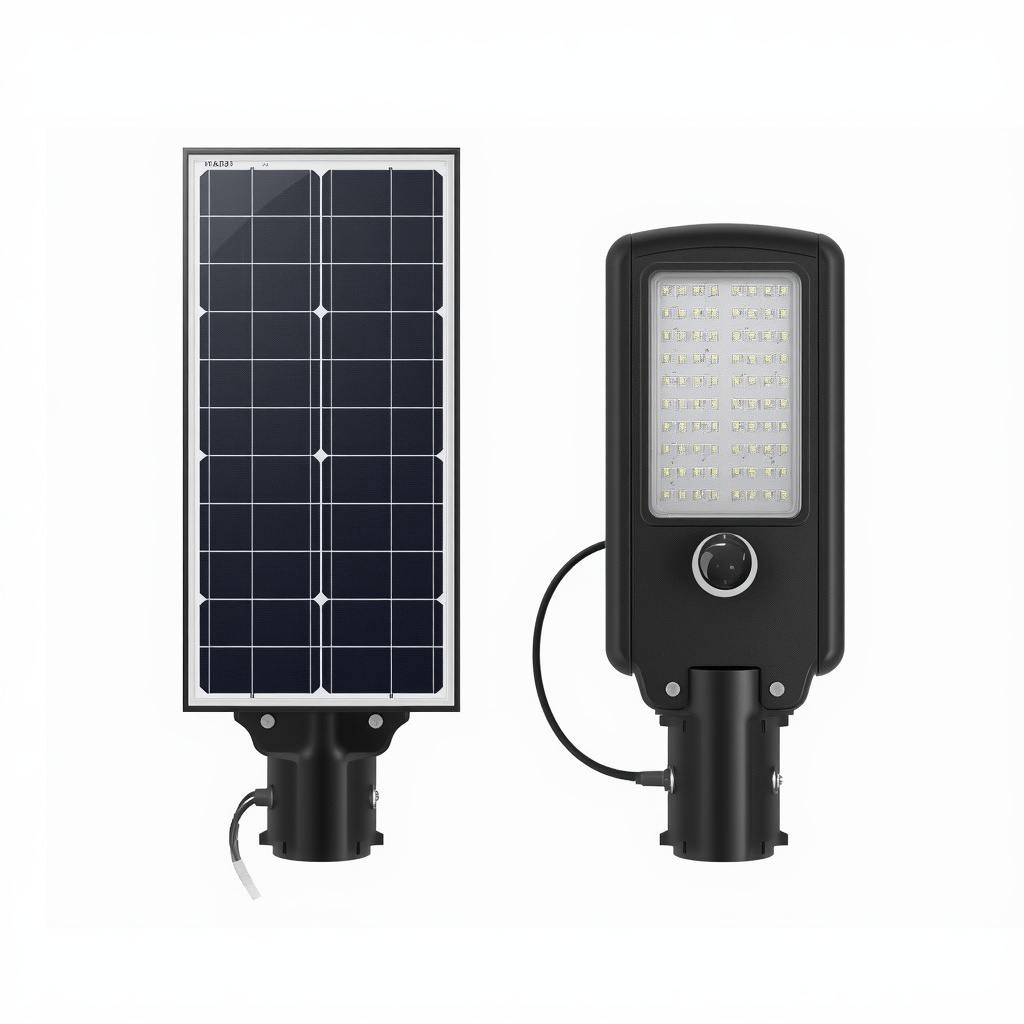 Farola solar de tipo separado con panel y luminaria independientes en un poste
