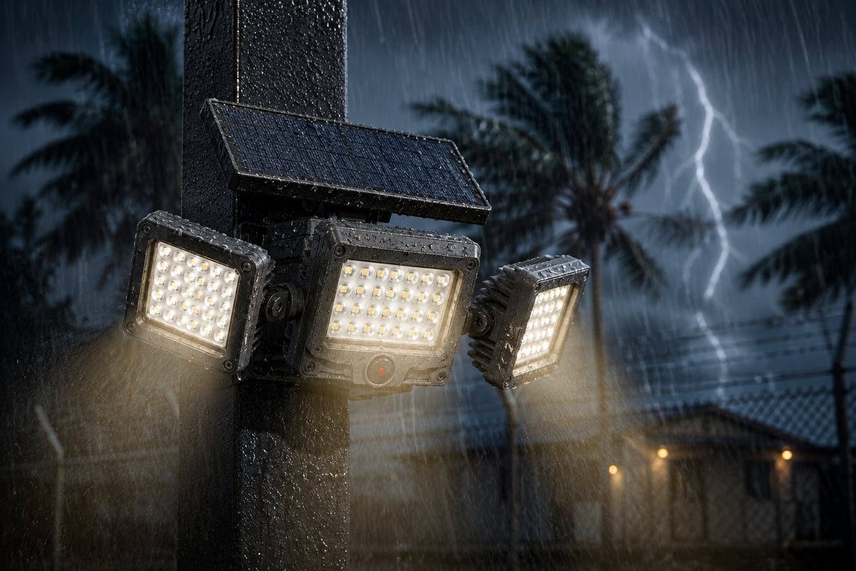 Solar motion flood light mounted on a wall lighting a property perimeter at night