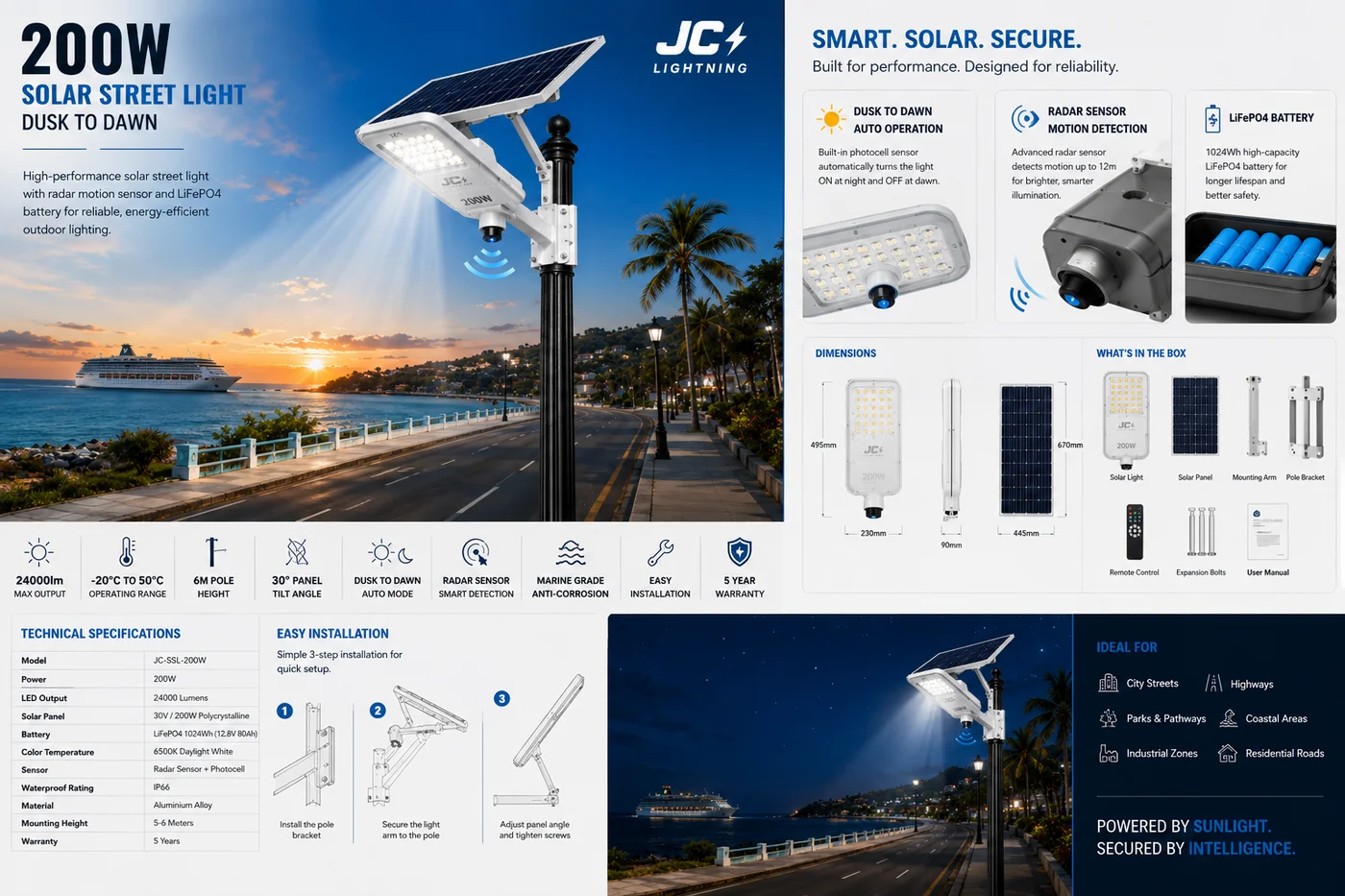 All-in-one solar street light on a pole lighting a road at night
