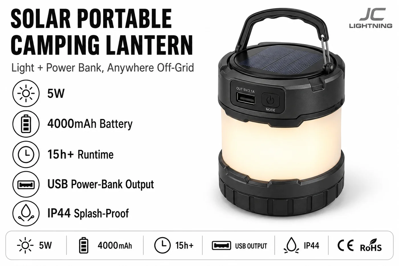 Solar portable camping lantern lit on a table outdoors