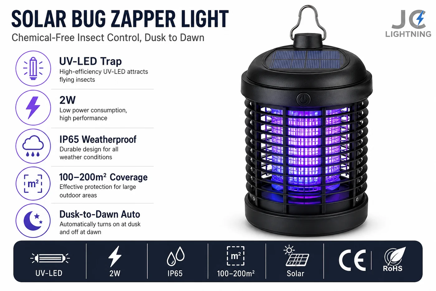 Solar UV-LED bug zapper light in a garden at night
