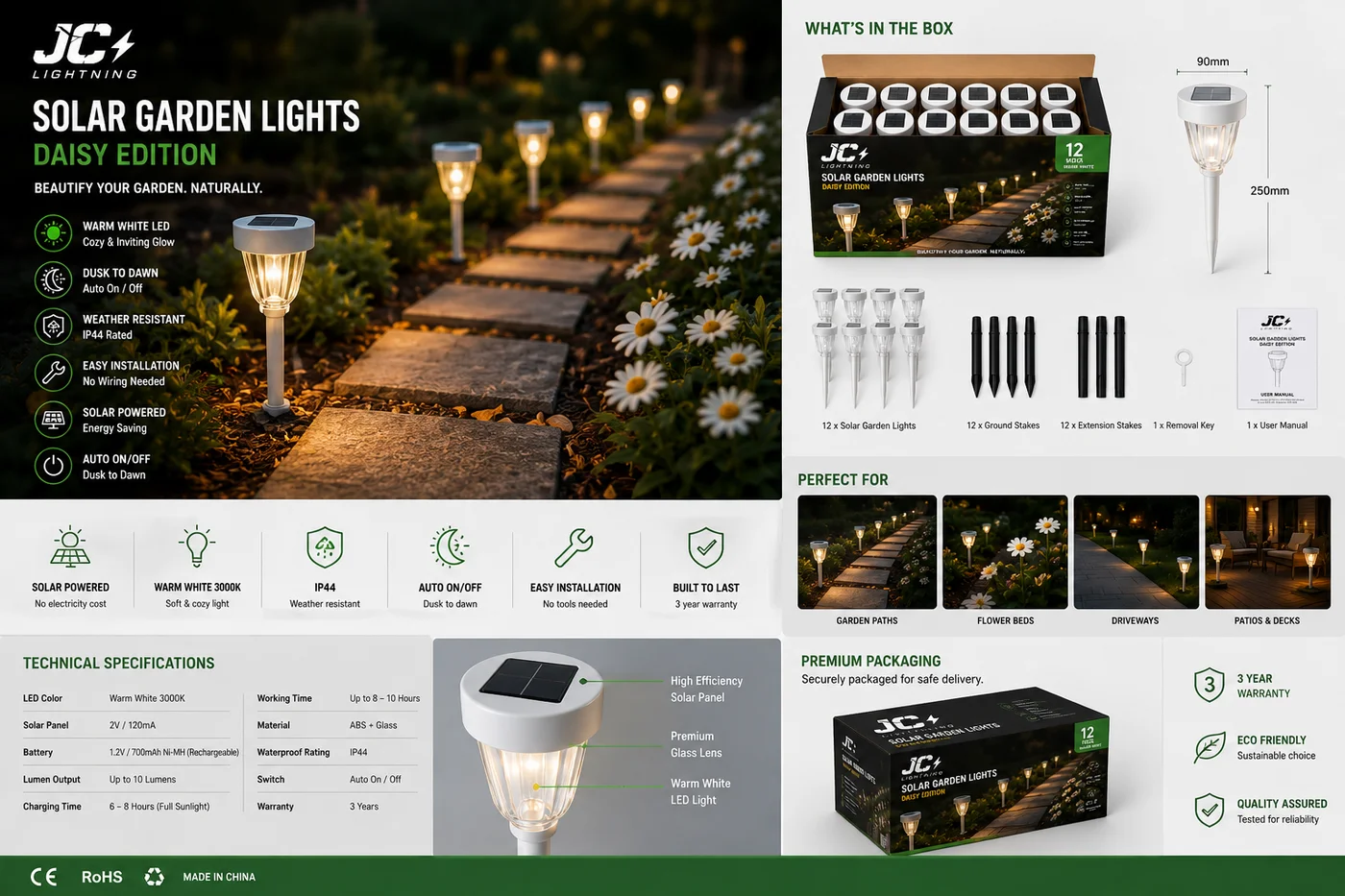 Solar garden stake lights lining a pathway at dusk