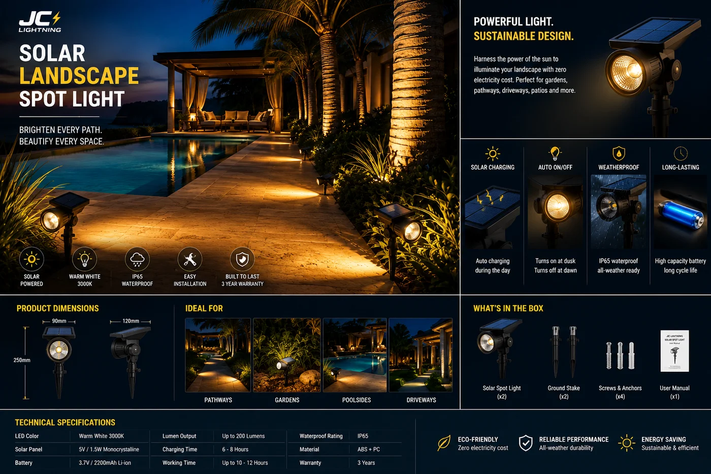 Solar spike spotlight uplighting a tree in a garden