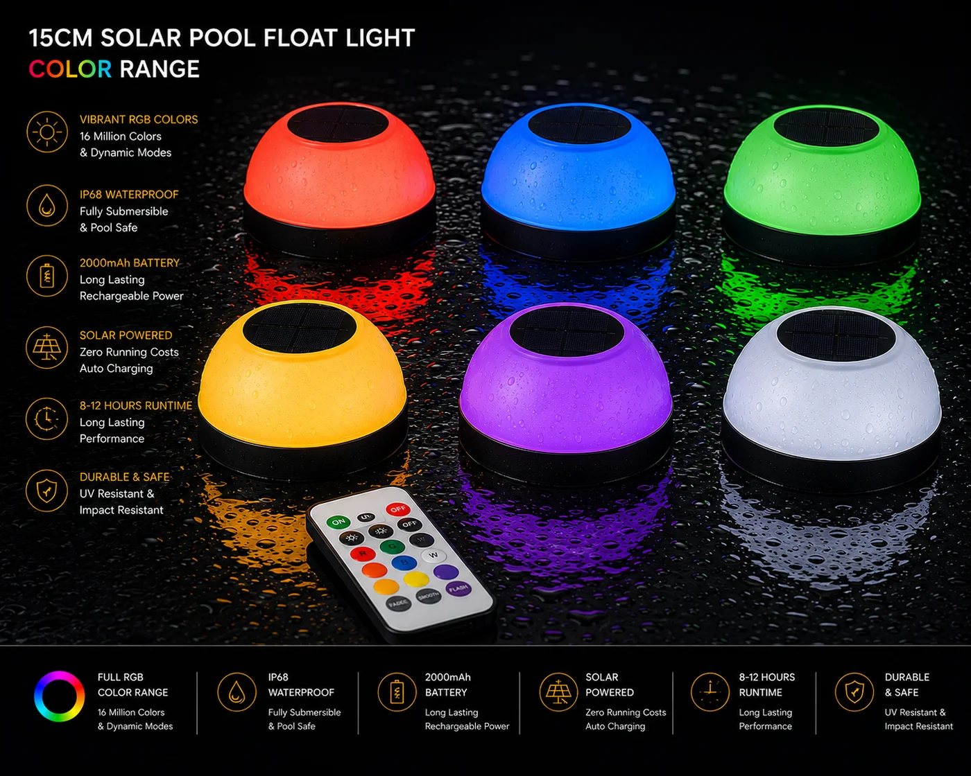 RGB solar pool float light glowing on the water at night