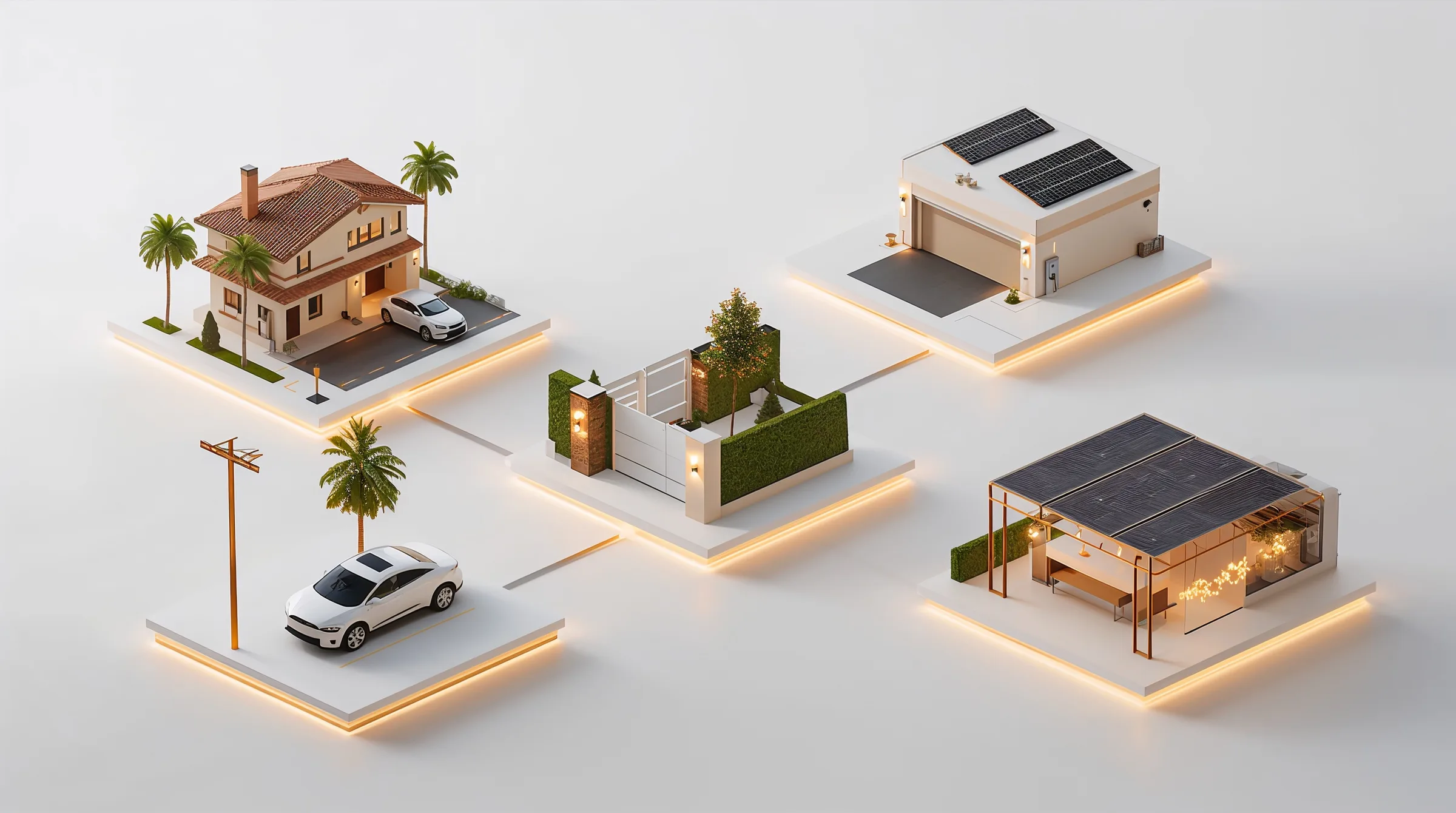 Isometric view of a solar-lit property — villa, driveway, gated garden, street and pergola linked by glowing solar light lines