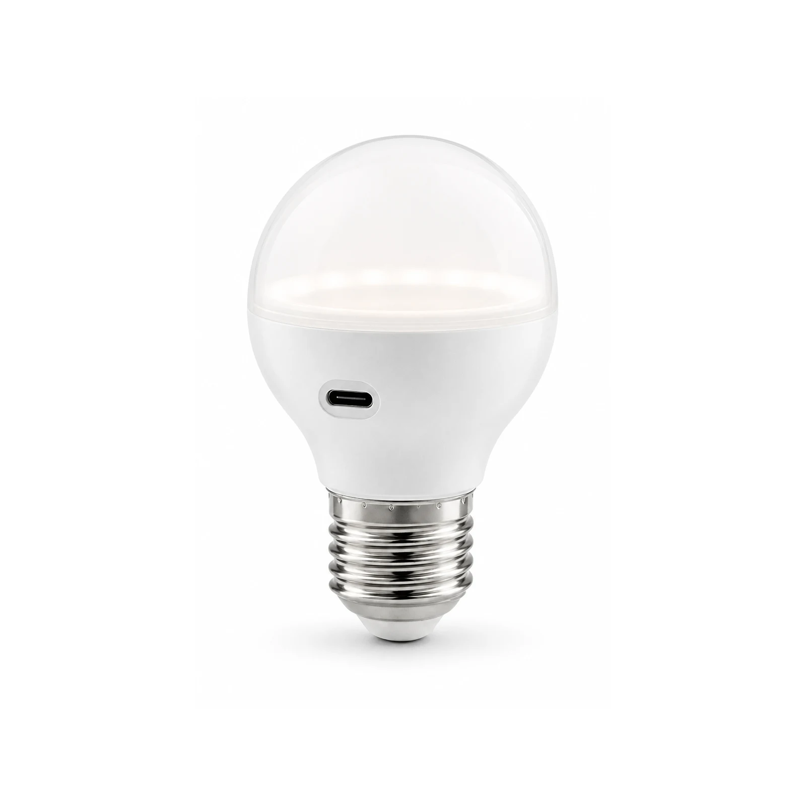 Solar emergency LED bulb glowing in a socket during a power cut