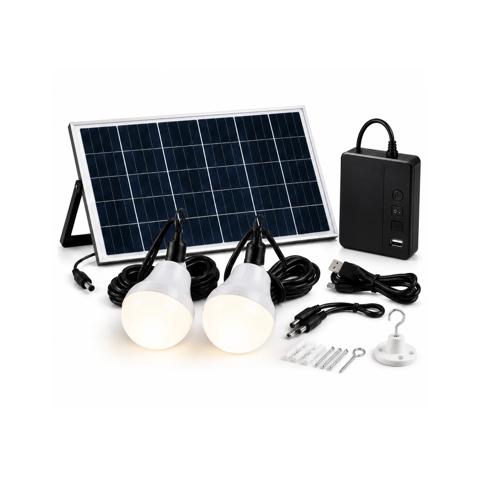 Solar home lighting kit with panel and two bulbs lighting a rural home