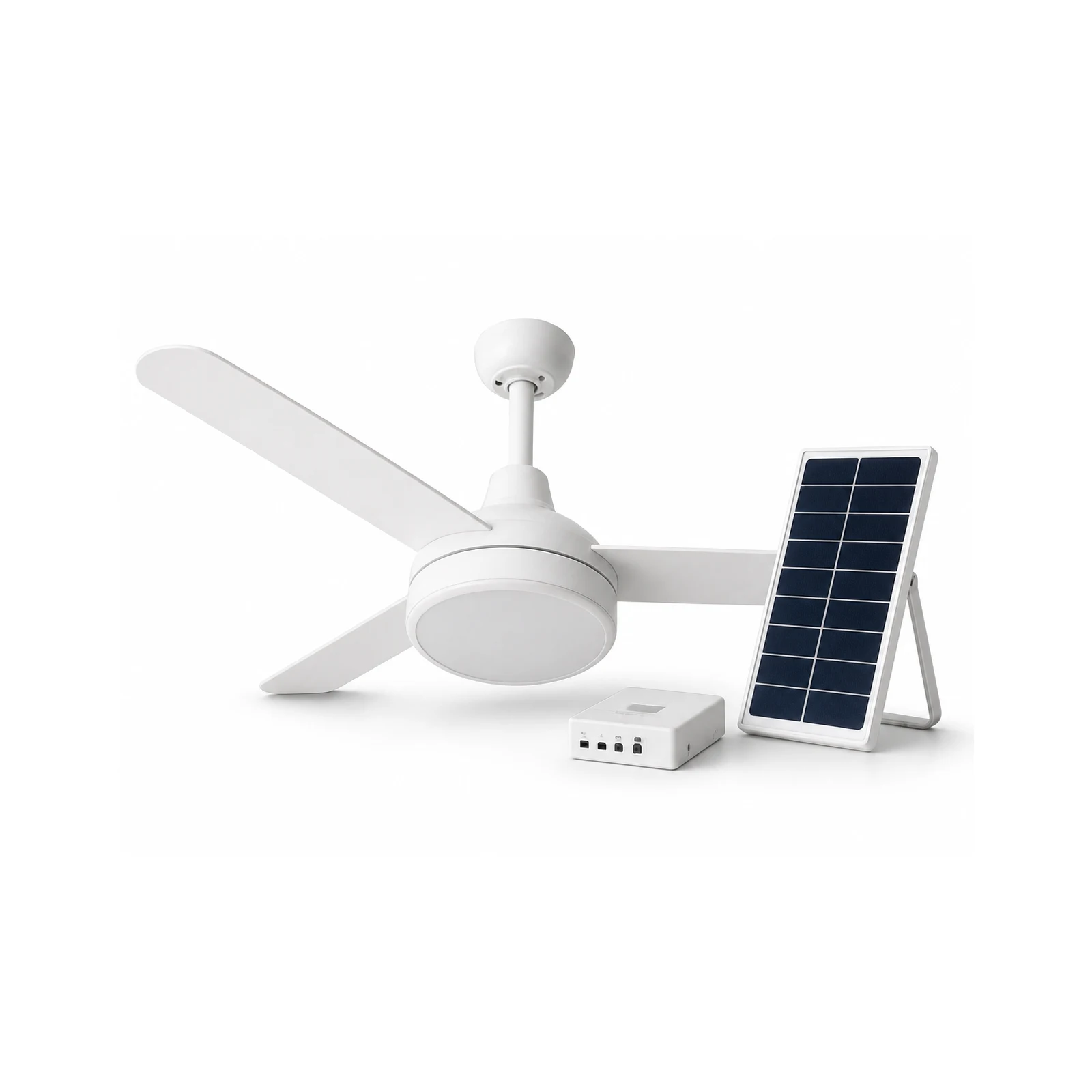 Solar ceiling fan with light installed in an off-grid home