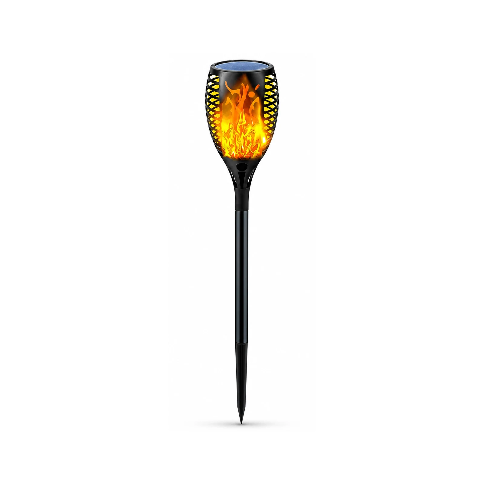 Solar flame torch lights lining a garden path with flickering flame effect