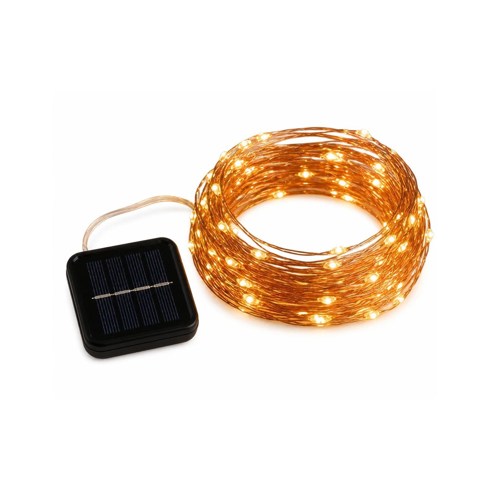 Solar fairy copper wire lights wrapped around a garden tree