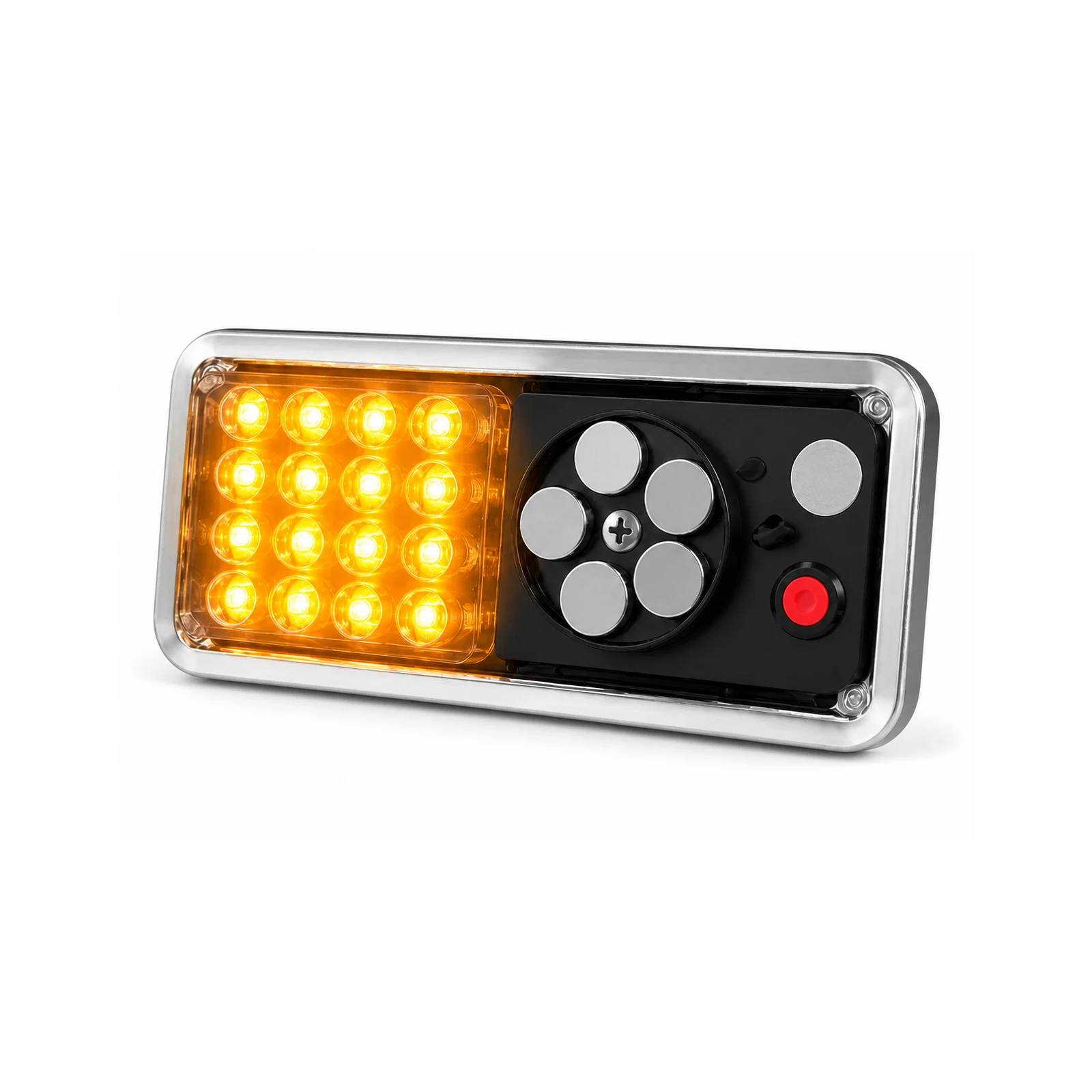 Solar warning beacon light flashing amber on a road barrier