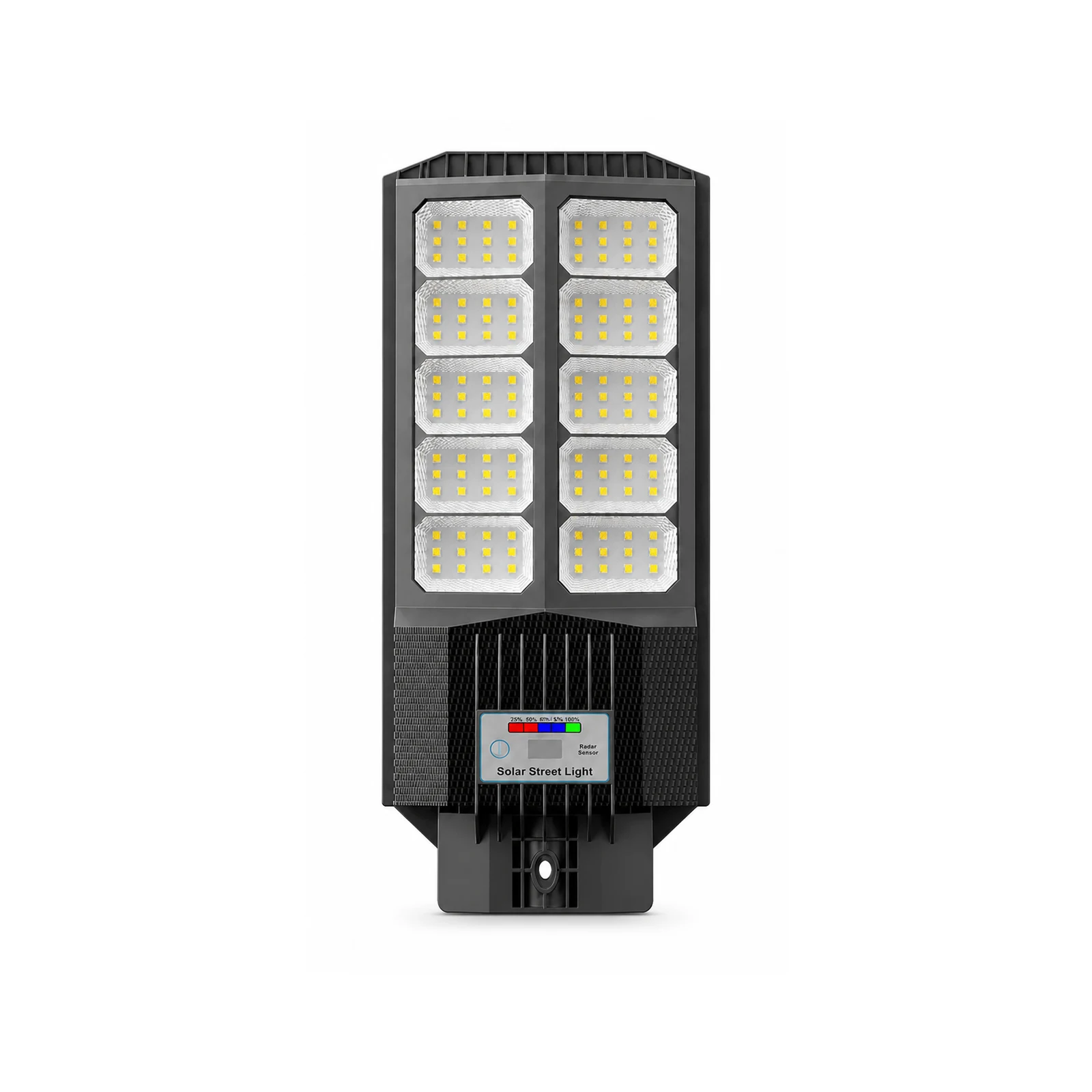 All-in-one solar street light on a pole lighting a road at night