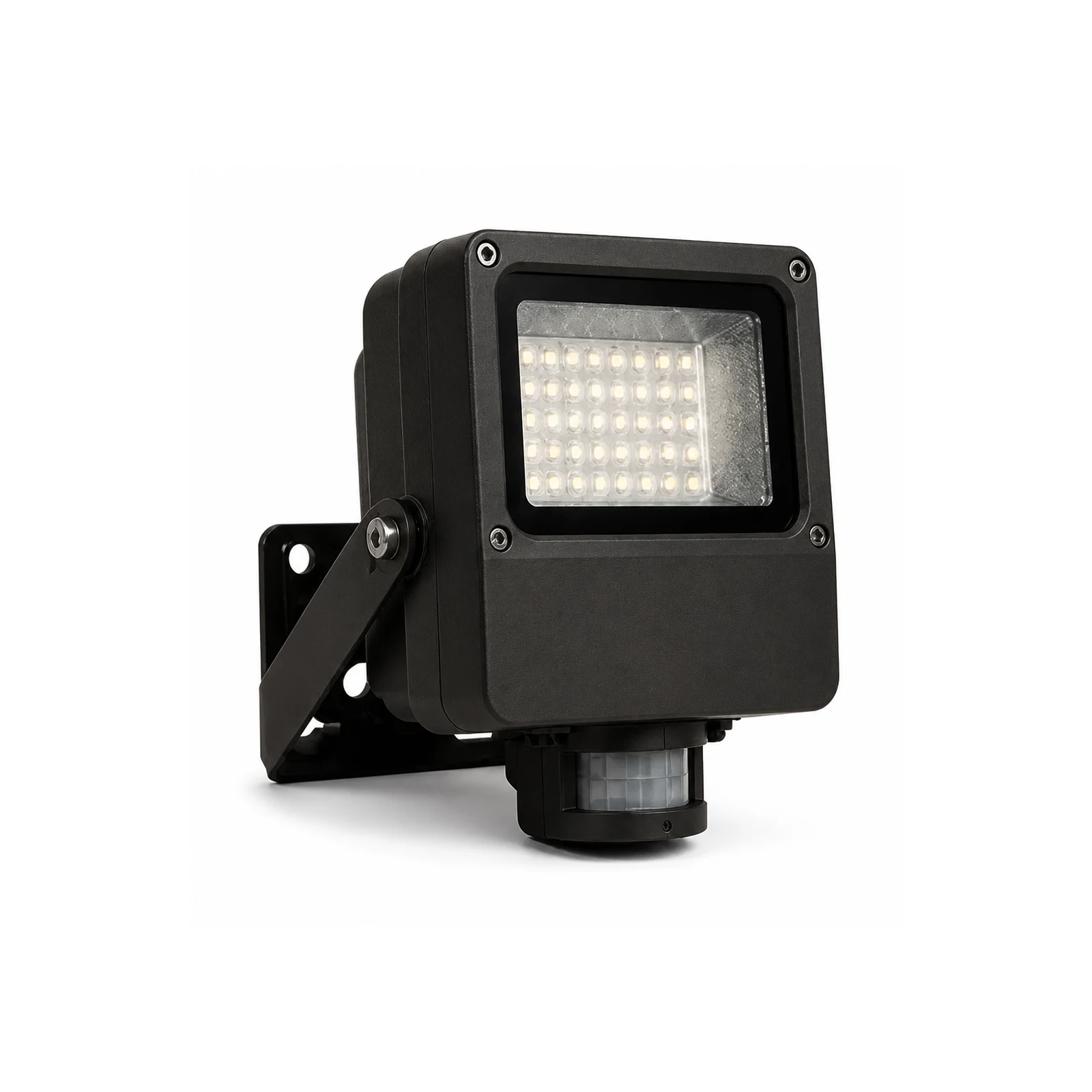 30W solar flood security light illuminating an industrial yard