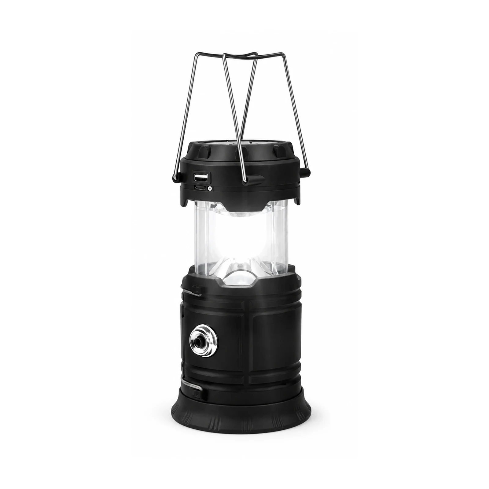 Solar portable camping lantern lit on a table outdoors