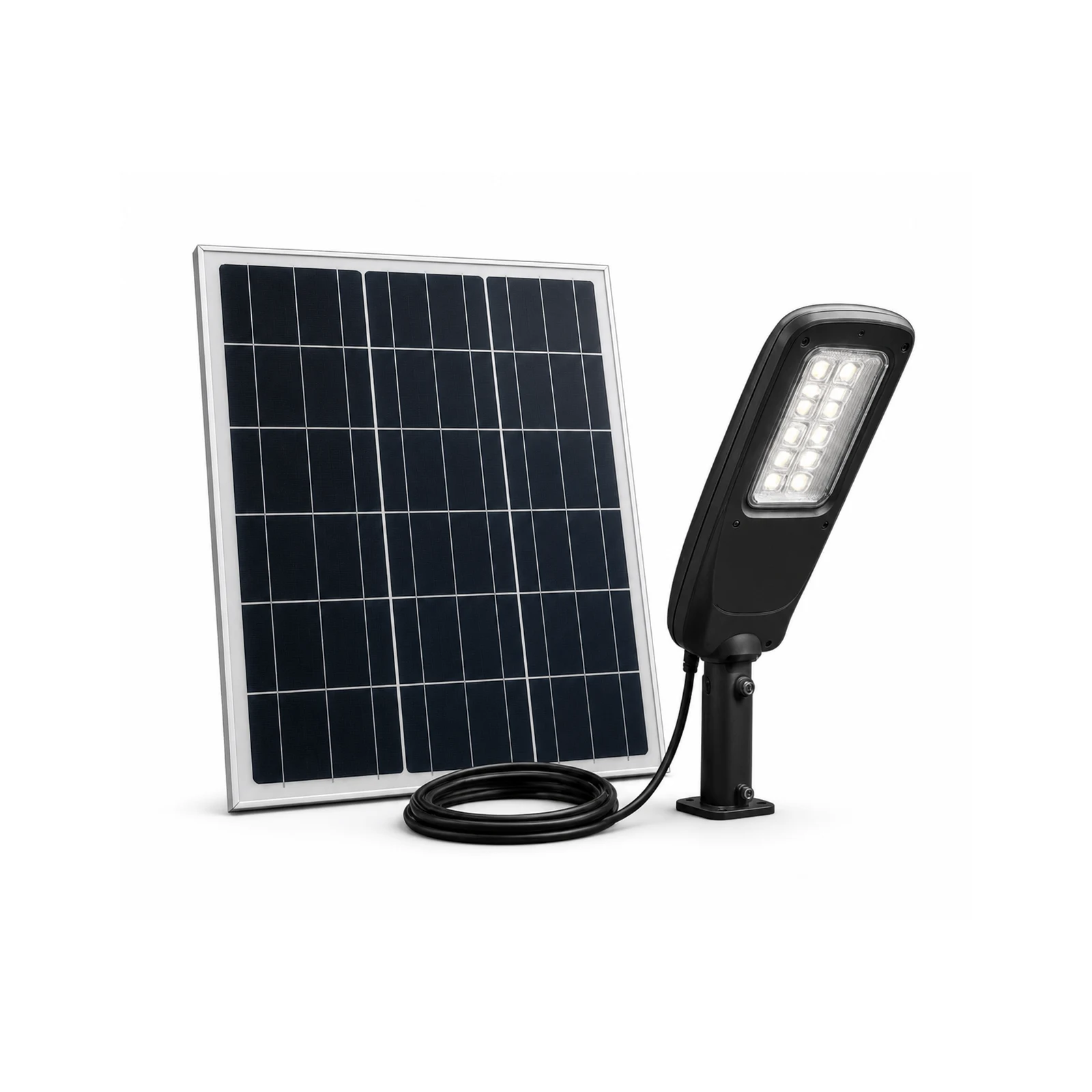Split-type solar street light with separate panel and lamp head on a pole