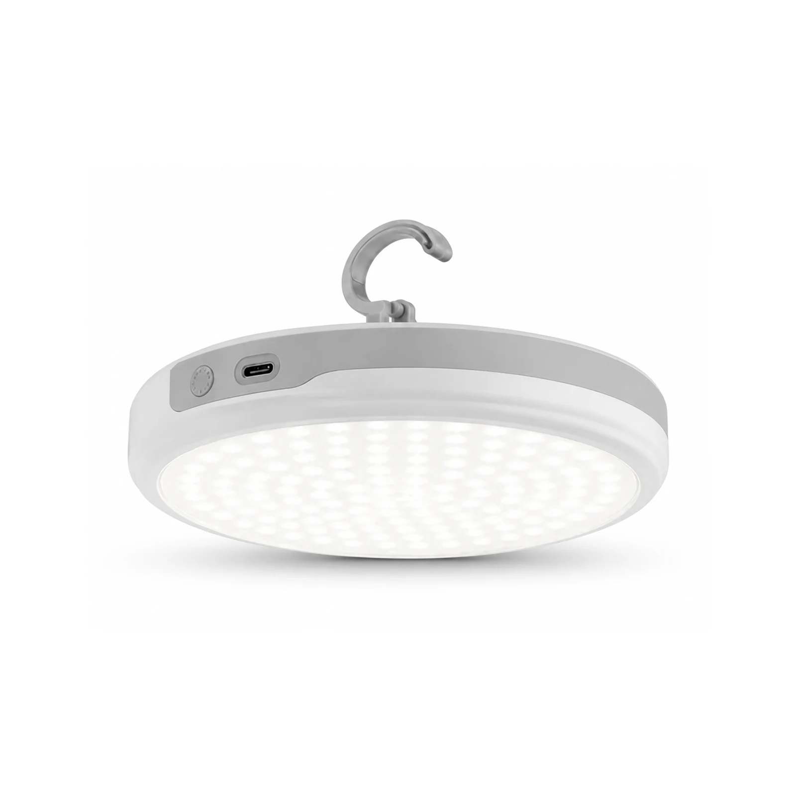 UFO-shaped rechargeable emergency light hanging from a ceiling hook during a blackout