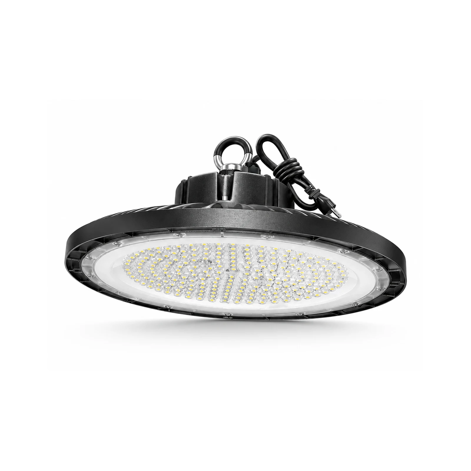 UFO LED high bay lights illuminating a warehouse interior